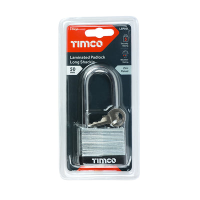 TIMCO Laminated Padlock - Long Shackle - 50mm