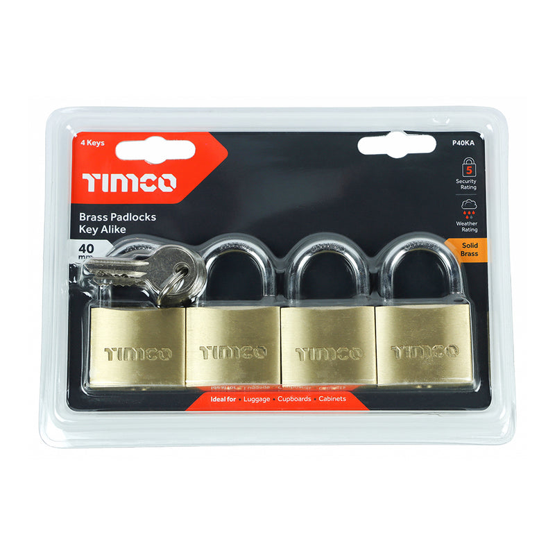 TIMCO Brass Padlocks Key Alike - 40mm