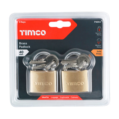 TIMCO Brass Padlock - 40mm - Twin Pack