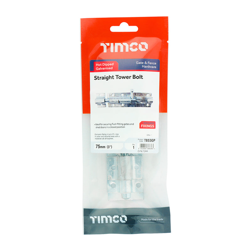 TIMCO Straight Tower Bolt Hot Dipped Galvanised - 3"