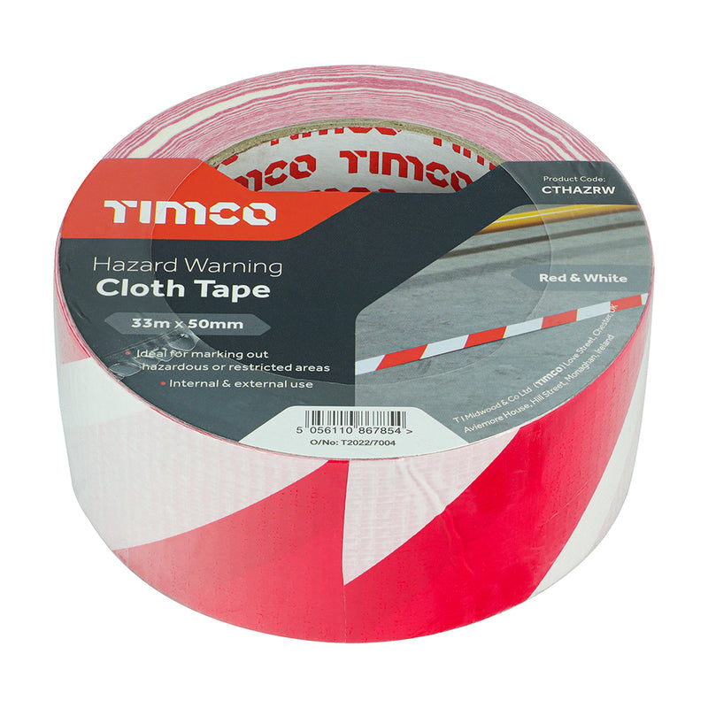 TIMCO Hazard Warning Cloth Tape Red and White - 33m x 50mm