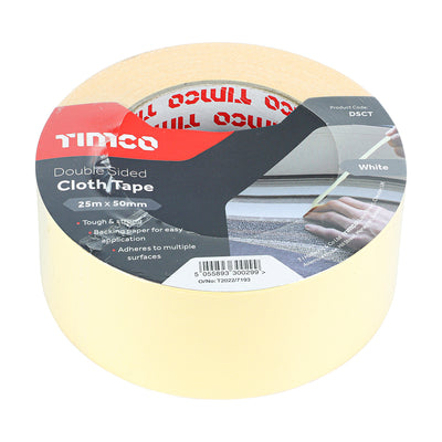 TIMCO Double Sided Cloth Tape White - 25m x 50mm